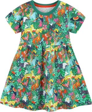 AIWUHE Toddler Girls Dress Cotton Casual Short Sleeve Striped Jersey Dresses Summer Cartoon Dinosaurs Appliques Shirt 2-7Y