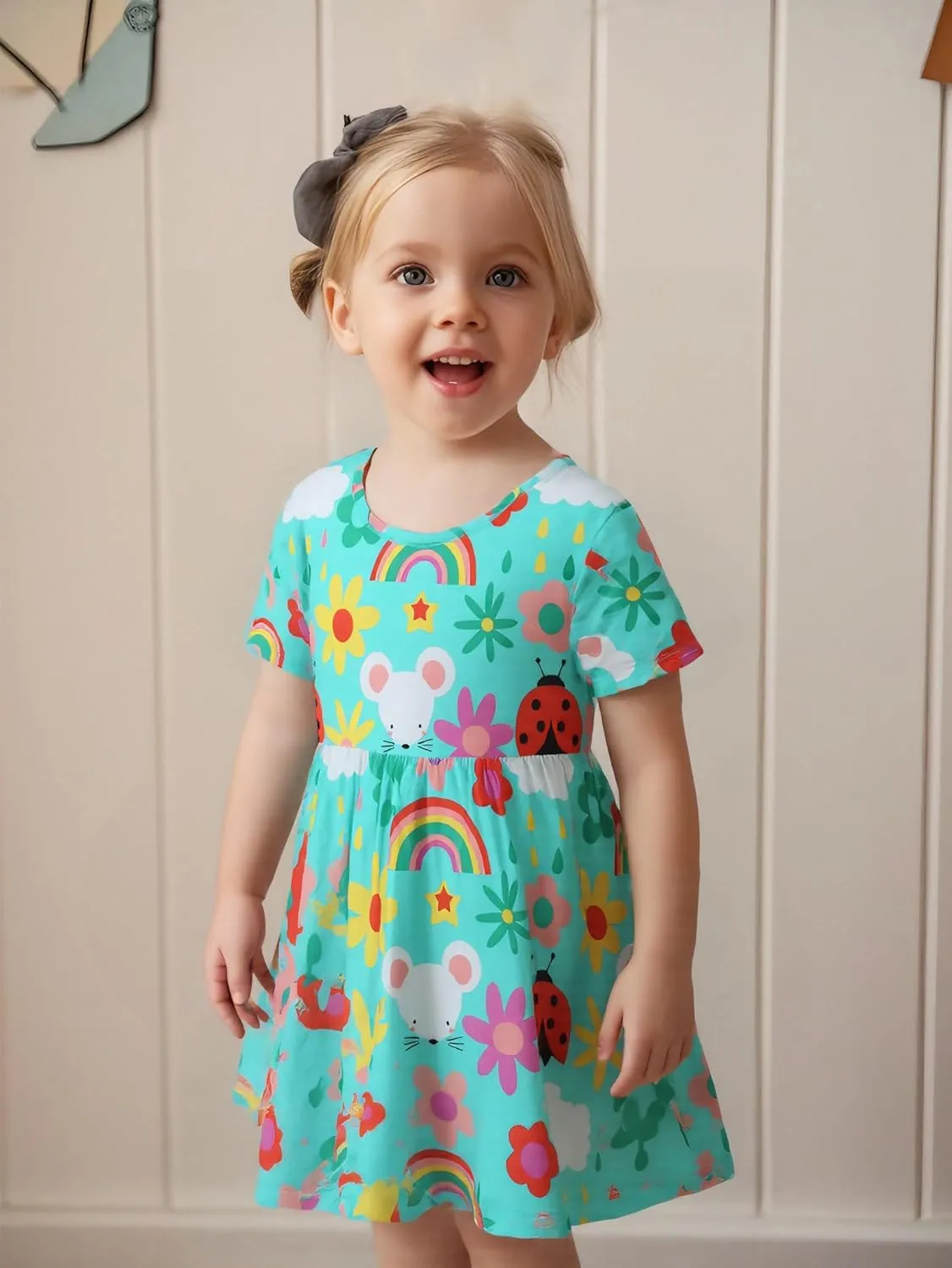 AIWUHE Toddler Girls Dress Cotton Casual Short Sleeve Striped Jersey Dresses Summer Cartoon Dinosaurs Appliques Shirt 2-7Y
