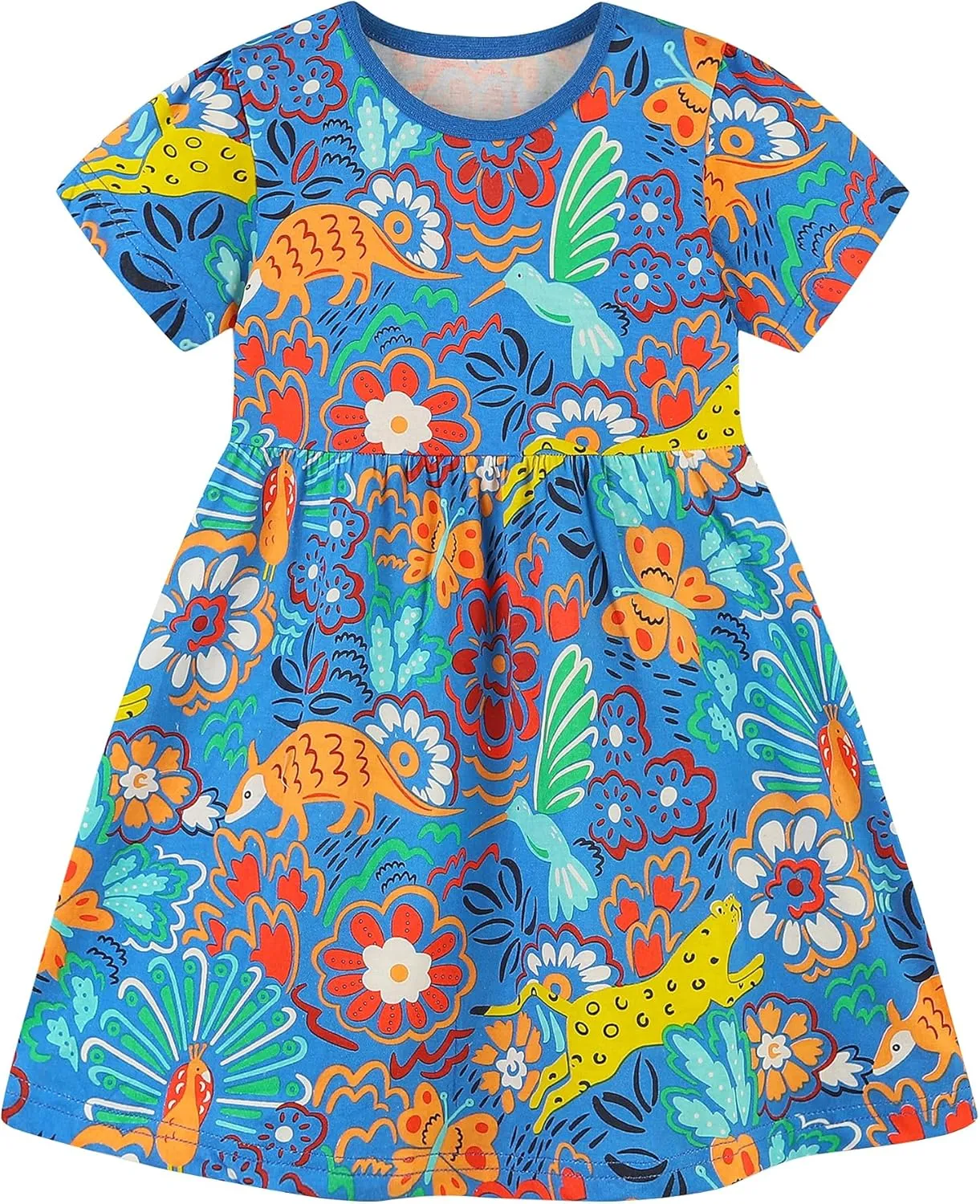 AIWUHE Toddler Girls Dress Cotton Casual Short Sleeve Striped Jersey Dresses Summer Cartoon Dinosaurs Appliques Shirt 2-7Y