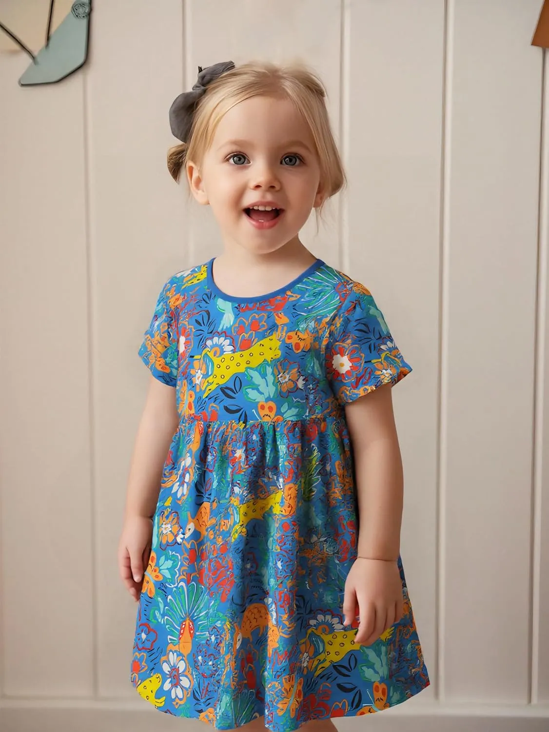 AIWUHE Toddler Girls Dress Cotton Casual Short Sleeve Striped Jersey Dresses Summer Cartoon Dinosaurs Appliques Shirt 2-7Y