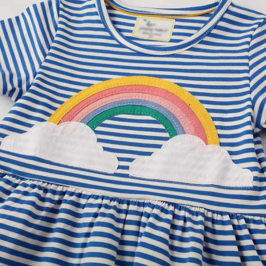 AIWUHE Toddler Girls Dress Cotton Casual Short Sleeve Striped Jersey Dresses Summer Cartoon Dinosaurs Appliques Shirt 2-7Y