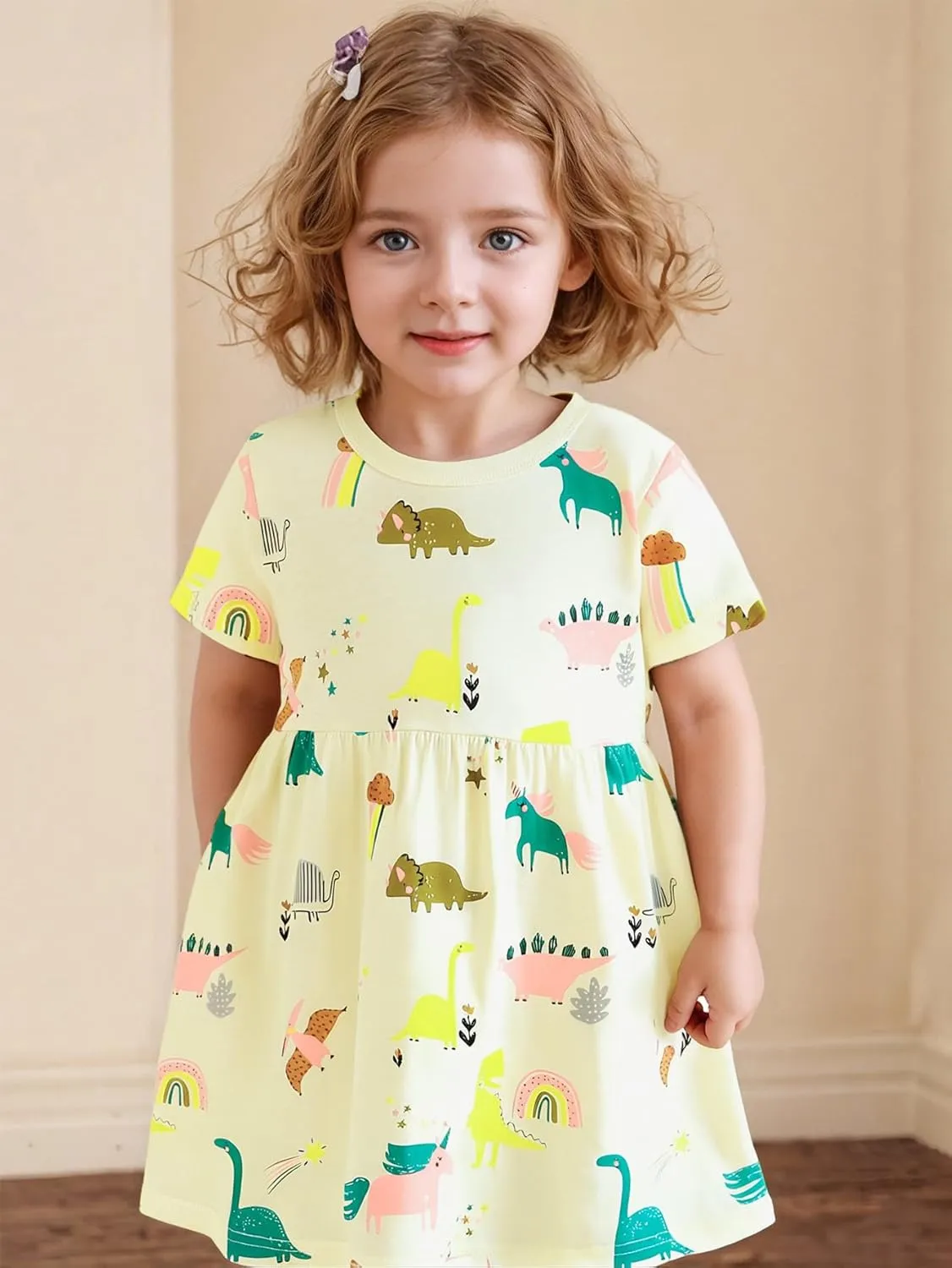 AIWUHE Toddler Girls Dress Cotton Casual Short Sleeve Striped Jersey Dresses Summer Cartoon Dinosaurs Appliques Shirt 2-7Y