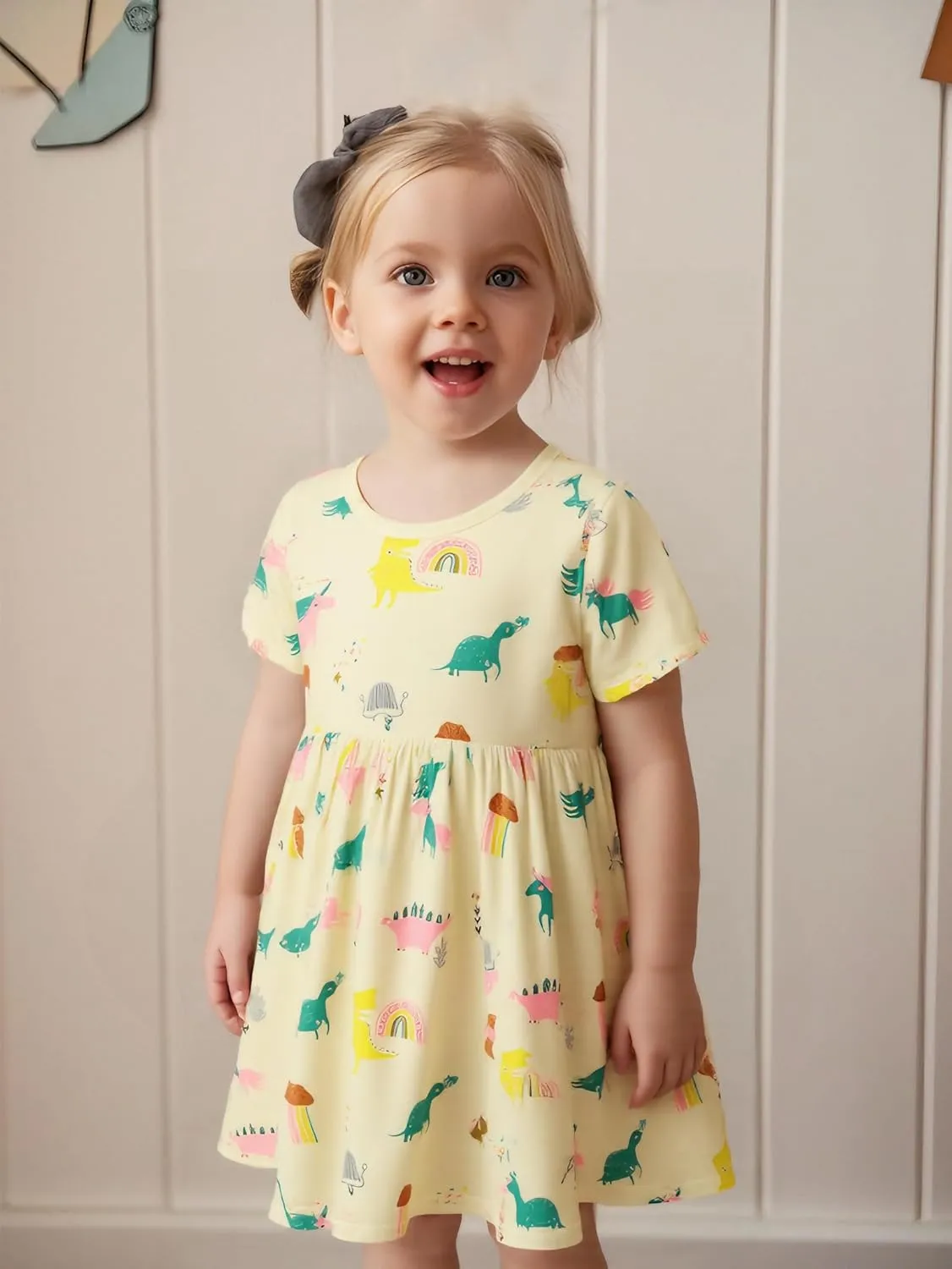 AIWUHE Toddler Girls Dress Cotton Casual Short Sleeve Striped Jersey Dresses Summer Cartoon Dinosaurs Appliques Shirt 2-7Y