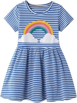 AIWUHE Toddler Girls Dress Cotton Casual Short Sleeve Striped Jersey Dresses Summer Cartoon Dinosaurs Appliques Shirt 2-7Y