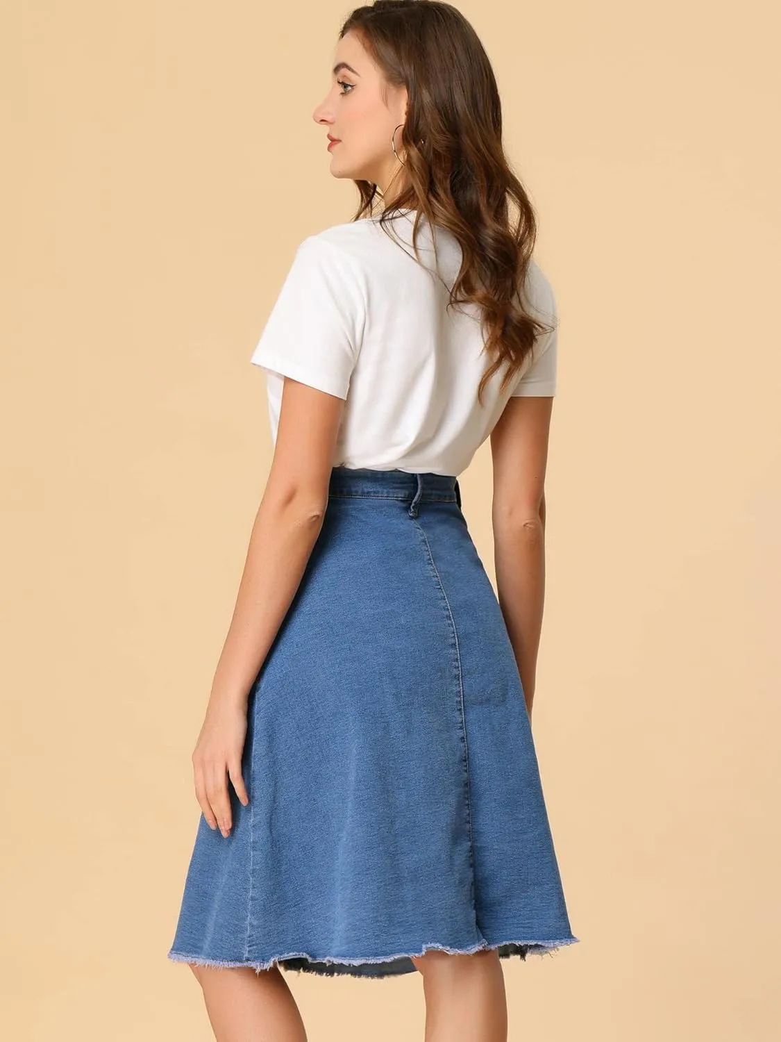 Allegra K Women's Denim Skirts Raw Hem Button Down Midi Jeans Skirt