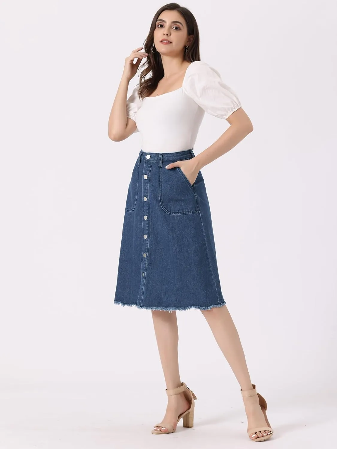 Allegra K Women's Denim Skirts Raw Hem Button Down Midi Jeans Skirt