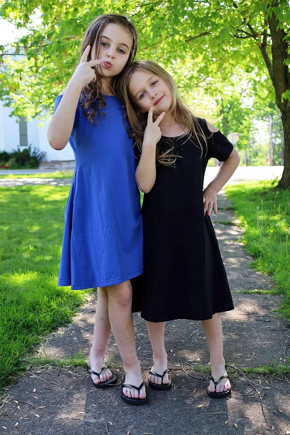 Arshiner Girls Summer Dress Short Sleeve Cold Shoulder Solid Color Swing Casual Dresses with Pockets