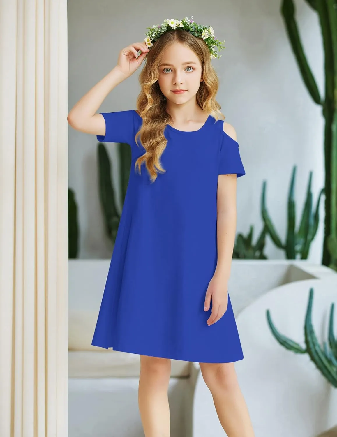 Arshiner Girls Summer Dress Short Sleeve Cold Shoulder Solid Color Swing Casual Dresses with Pockets