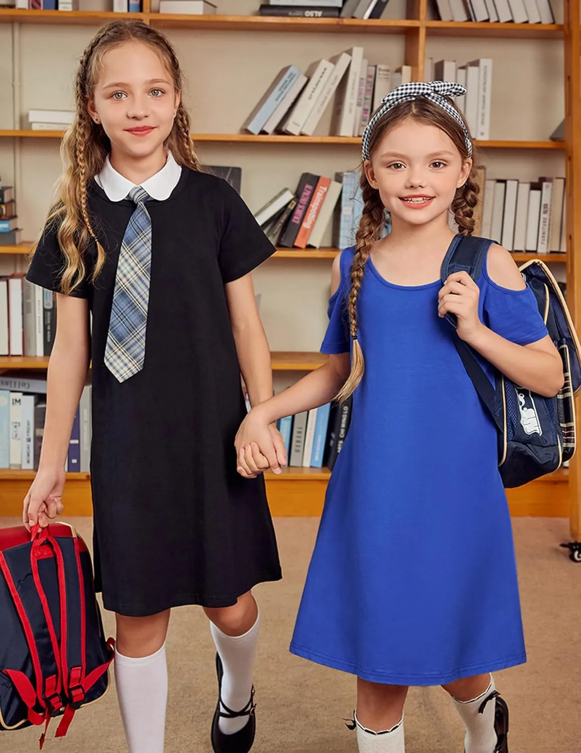 Arshiner Girls Summer Dress Short Sleeve Cold Shoulder Solid Color Swing Casual Dresses with Pockets