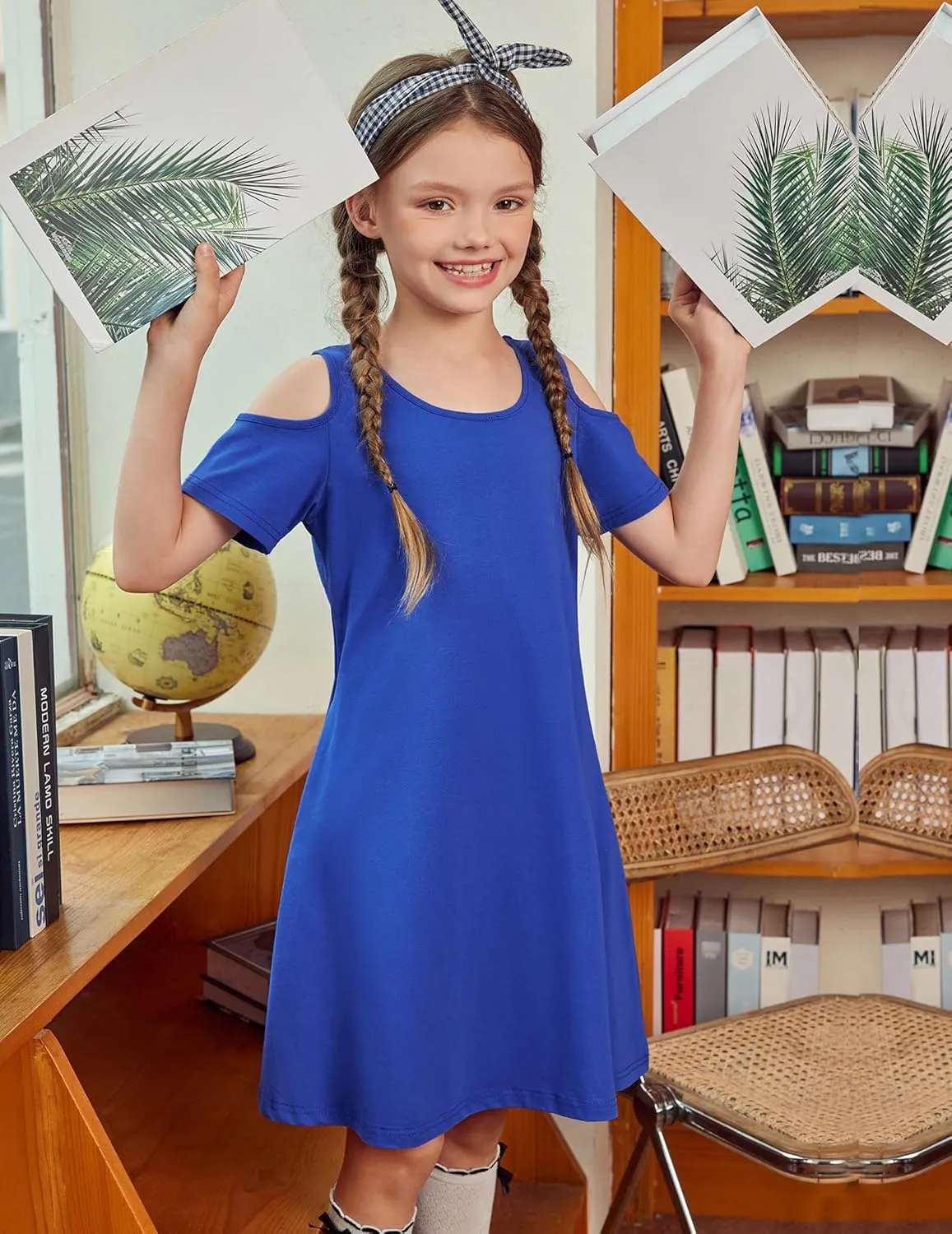 Arshiner Girls Summer Dress Short Sleeve Cold Shoulder Solid Color Swing Casual Dresses with Pockets