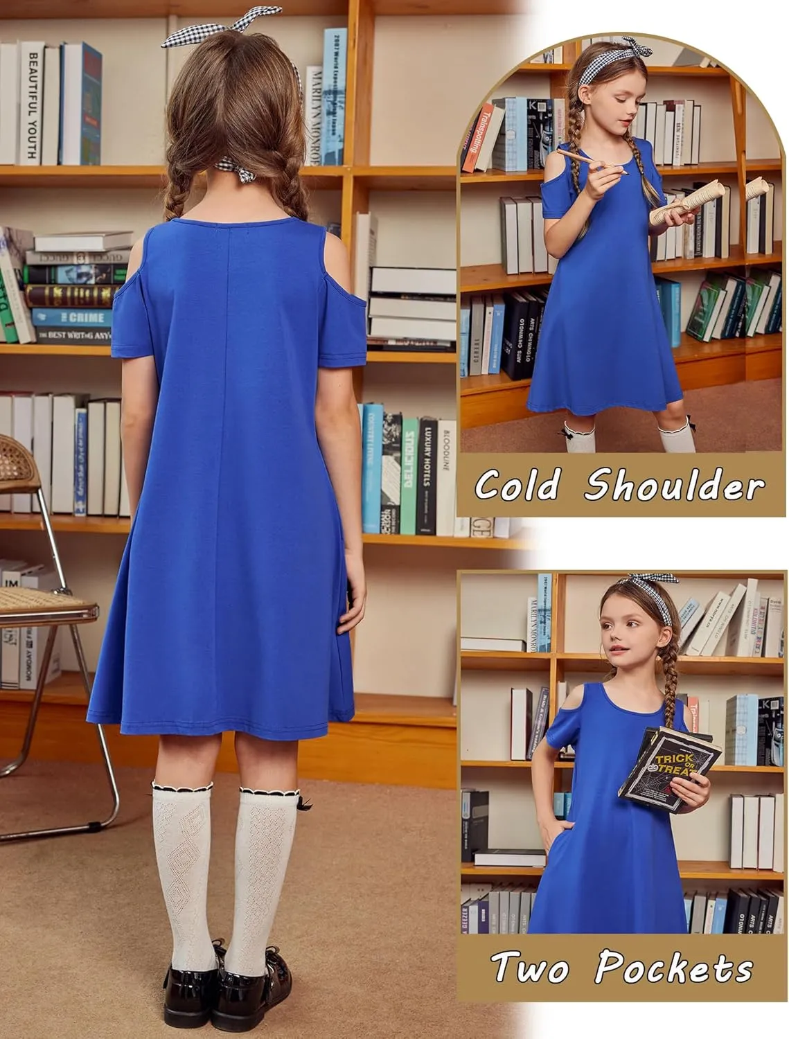 Arshiner Girls Summer Dress Short Sleeve Cold Shoulder Solid Color Swing Casual Dresses with Pockets