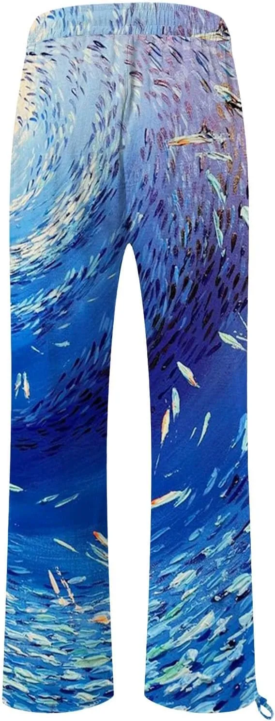 Boho Floral Fish Print Pants for Women Summer Baggy Japanese Style Wide Leg Elastic Waist Pants Trouser with Pockets