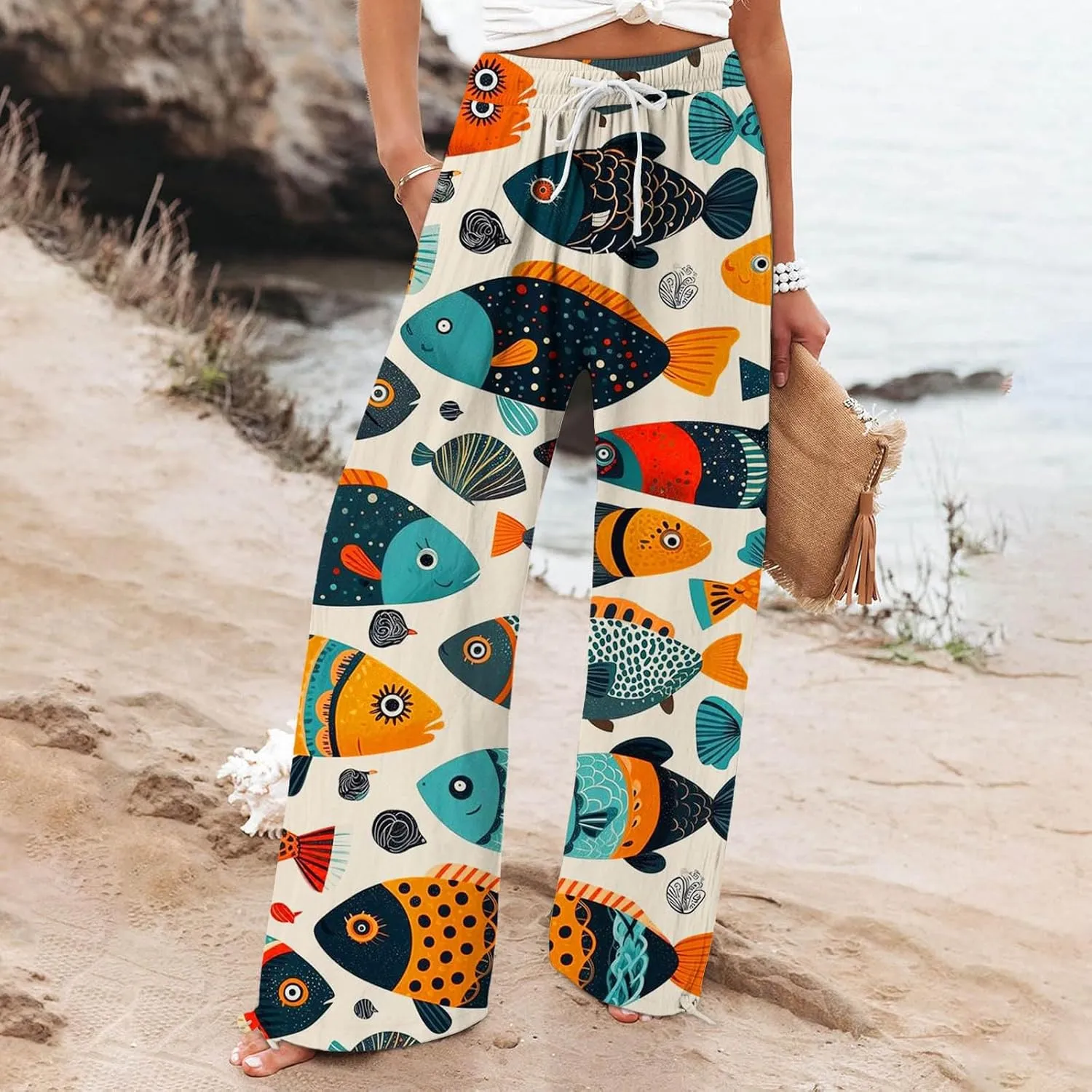 Boho Floral Fish Print Pants for Women Summer Baggy Japanese Style Wide Leg Elastic Waist Pants Trouser with Pockets