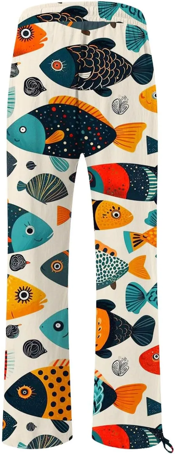 Boho Floral Fish Print Pants for Women Summer Baggy Japanese Style Wide Leg Elastic Waist Pants Trouser with Pockets
