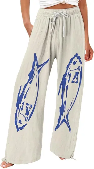Boho Floral Fish Print Pants for Women Summer Baggy Japanese Style Wide Leg Elastic Waist Pants Trouser with Pockets