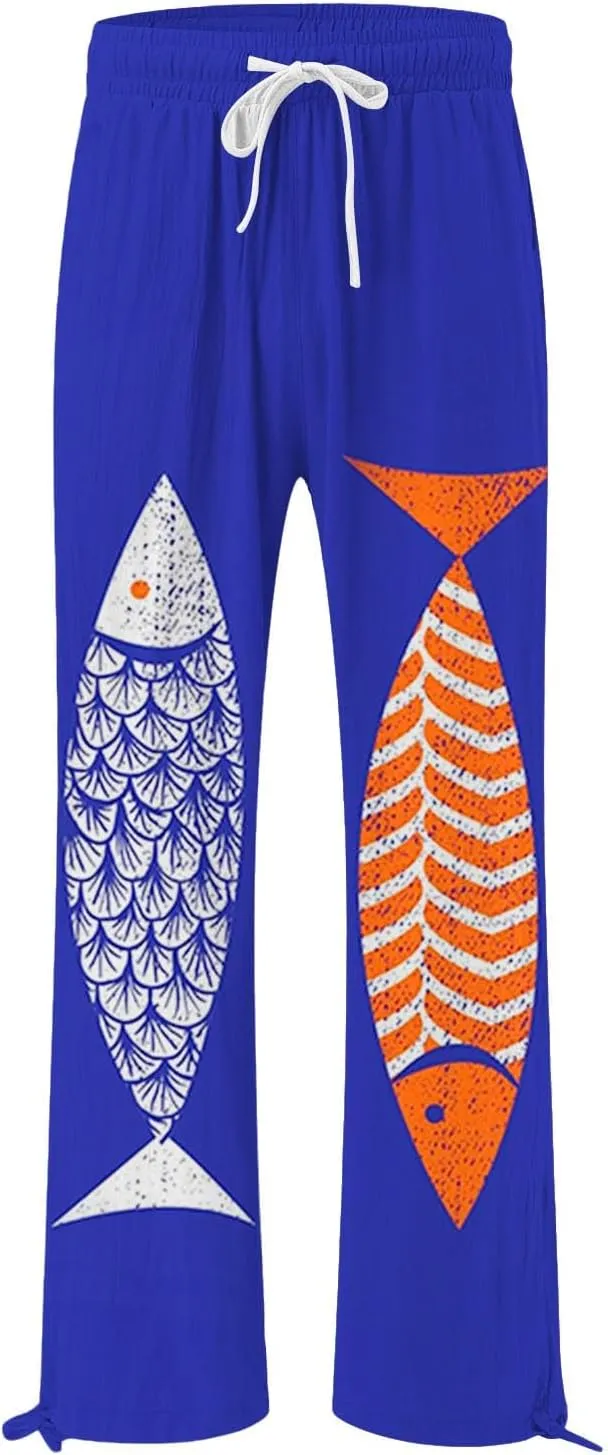 Boho Floral Fish Print Pants for Women Summer Baggy Japanese Style Wide Leg Elastic Waist Pants Trouser with Pockets