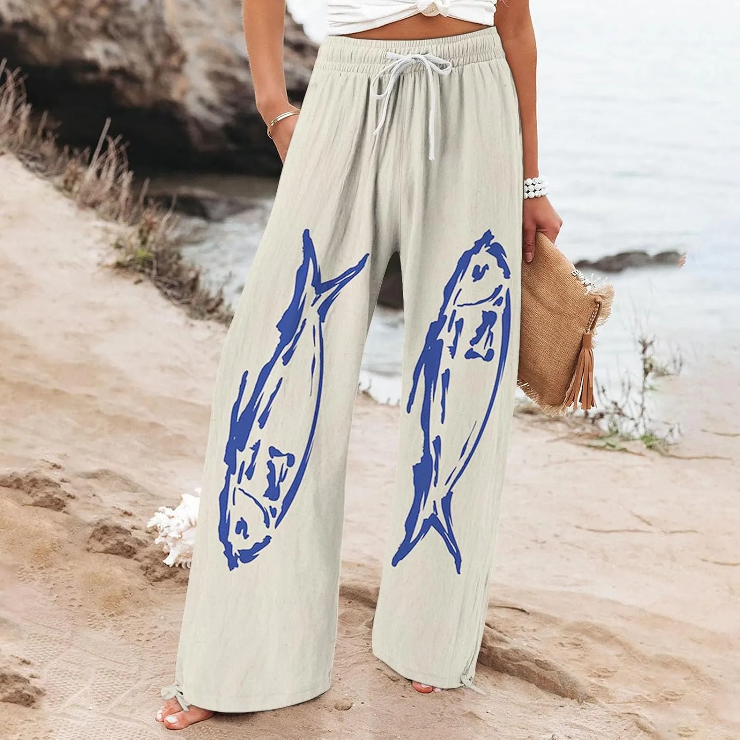 Boho Floral Fish Print Pants for Women Summer Baggy Japanese Style Wide Leg Elastic Waist Pants Trouser with Pockets