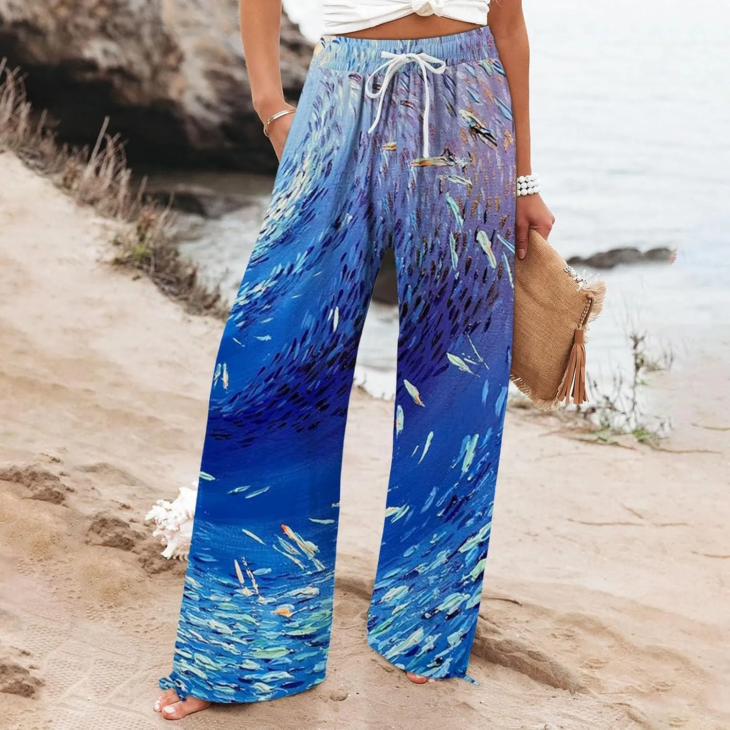 Boho Floral Fish Print Pants for Women Summer Baggy Japanese Style Wide Leg Elastic Waist Pants Trouser with Pockets