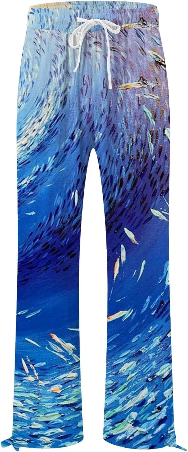 Boho Floral Fish Print Pants for Women Summer Baggy Japanese Style Wide Leg Elastic Waist Pants Trouser with Pockets