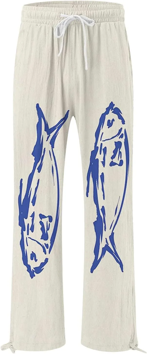 Boho Floral Fish Print Pants for Women Summer Baggy Japanese Style Wide Leg Elastic Waist Pants Trouser with Pockets