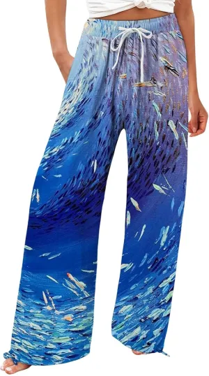 Boho Floral Fish Print Pants for Women Summer Baggy Japanese Style Wide Leg Elastic Waist Pants Trouser with Pockets