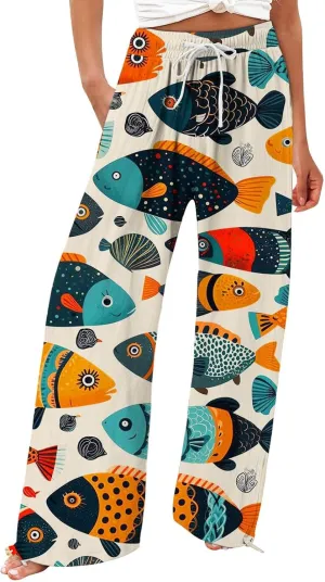 Boho Floral Fish Print Pants for Women Summer Baggy Japanese Style Wide Leg Elastic Waist Pants Trouser with Pockets