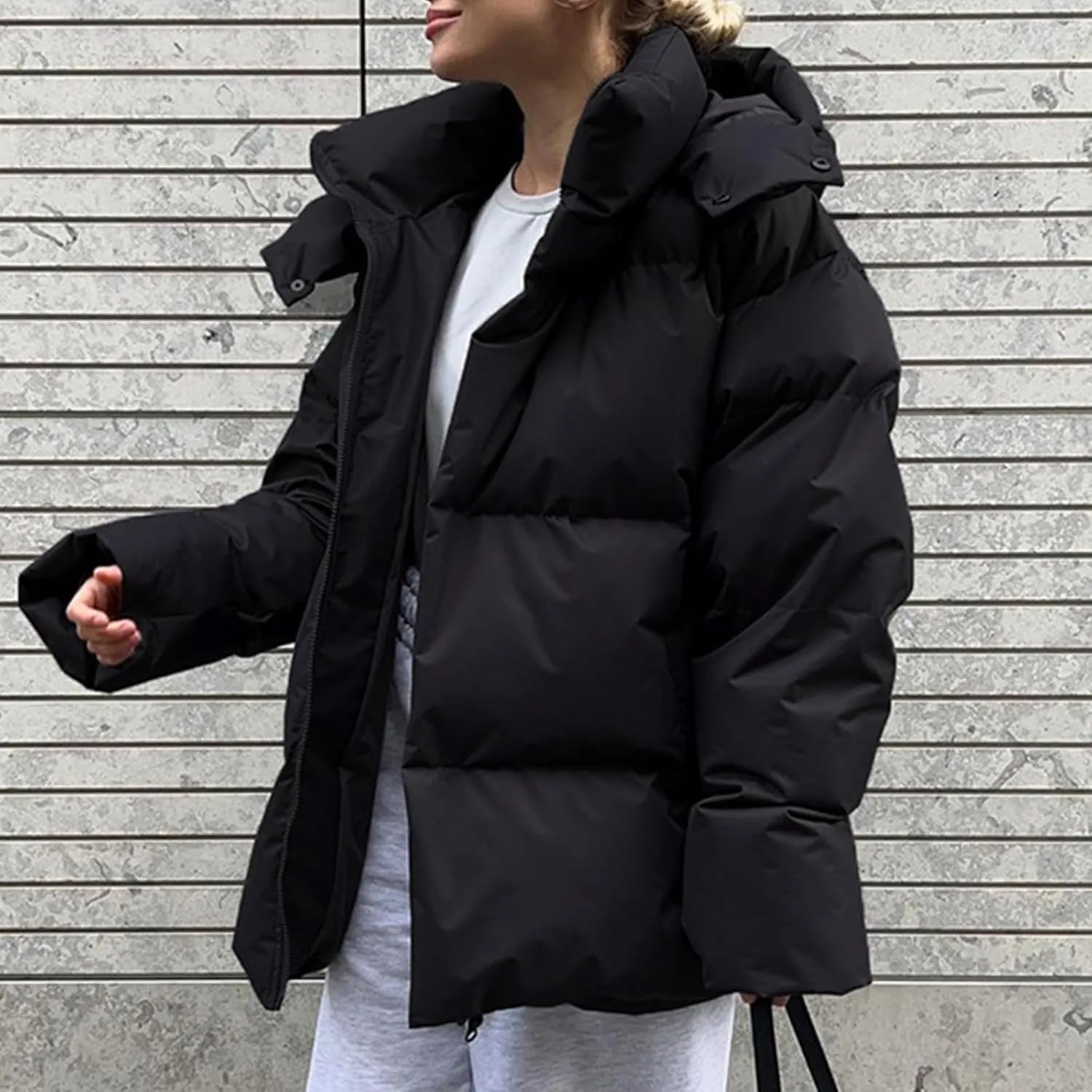 Borniu Women's 2024 Winter Long Sleeve Zip Puffer Jacket Pockets Baggy Short Down Coats Warm Hooded Puffer Coat Outerwear