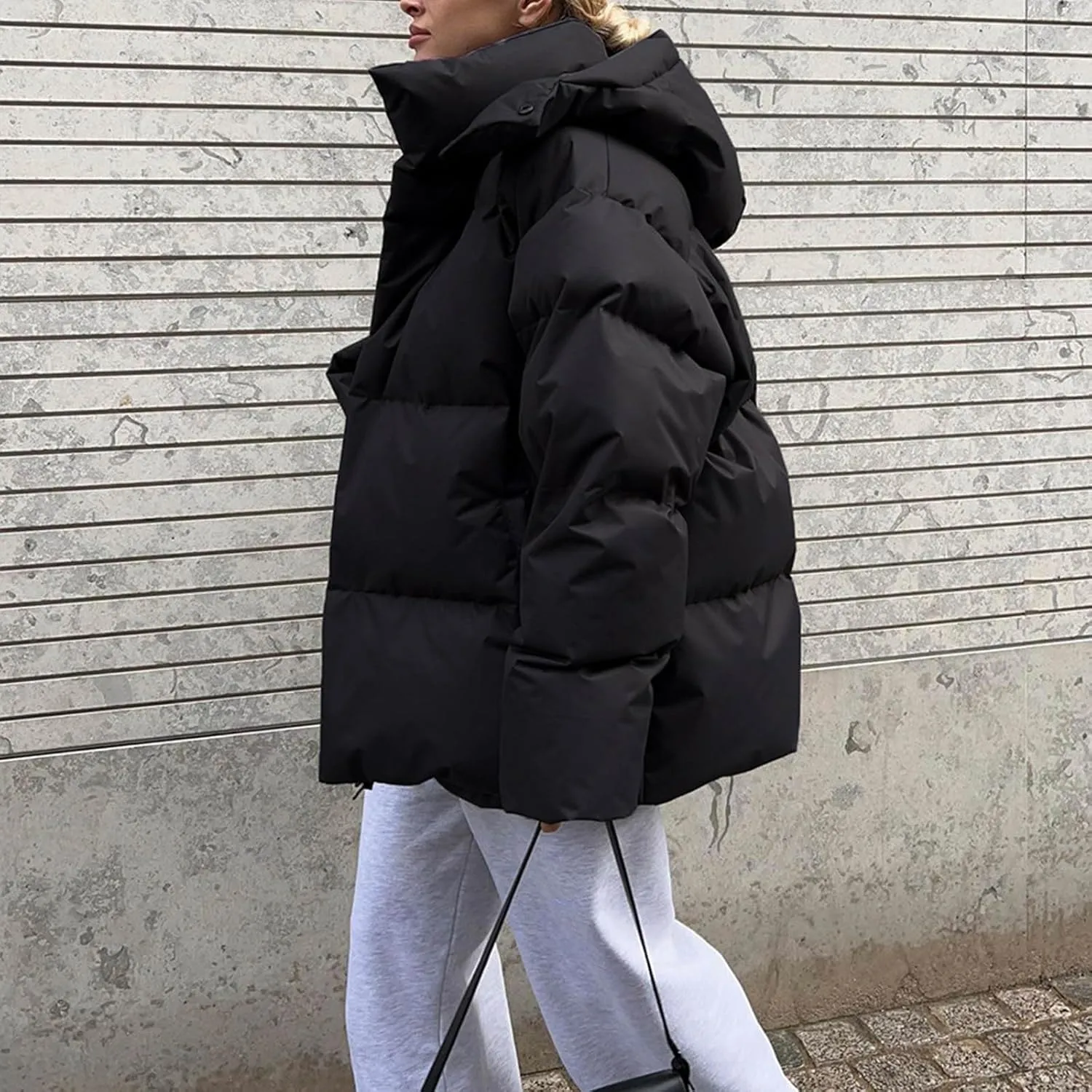 Borniu Women's 2024 Winter Long Sleeve Zip Puffer Jacket Pockets Baggy Short Down Coats Warm Hooded Puffer Coat Outerwear