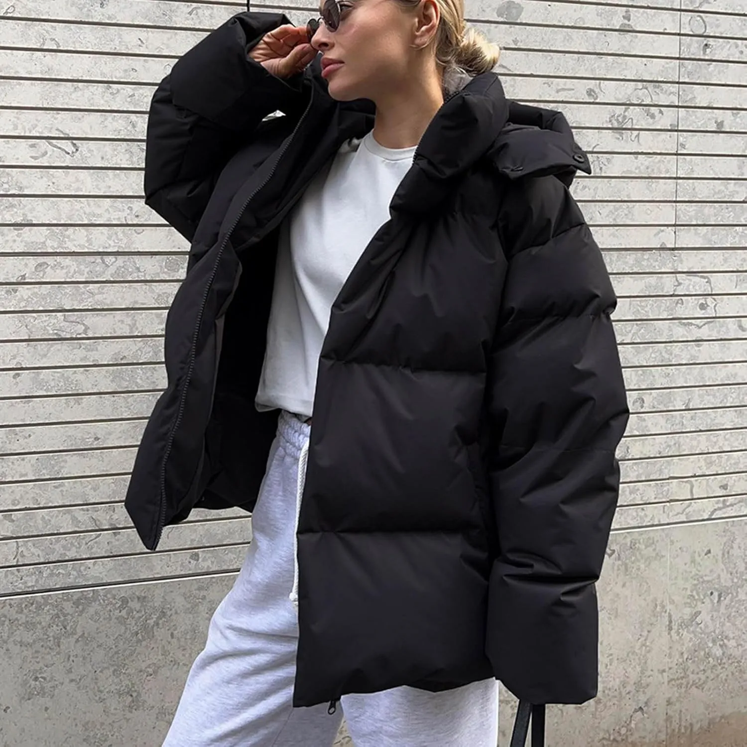 Borniu Women's 2024 Winter Long Sleeve Zip Puffer Jacket Pockets Baggy Short Down Coats Warm Hooded Puffer Coat Outerwear