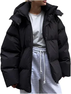 Borniu Women's 2024 Winter Long Sleeve Zip Puffer Jacket Pockets Baggy Short Down Coats Warm Hooded Puffer Coat Outerwear