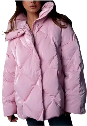 Borniu Women's 2024 Winter Long Sleeve Zip Puffer Jacket Pockets Baggy Short Down Coats Warm Quilted Jackets Outerwear