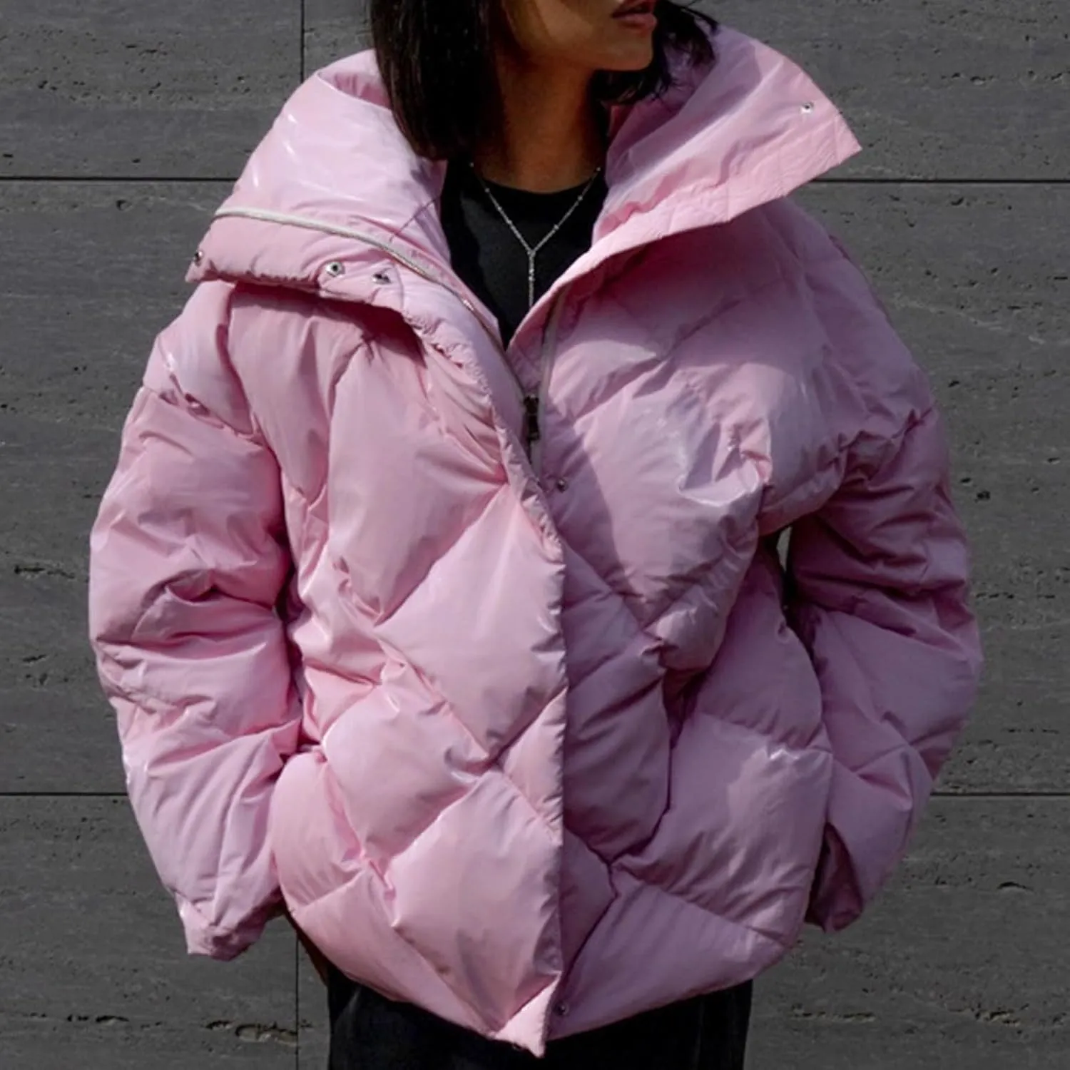 Borniu Women's 2024 Winter Long Sleeve Zip Puffer Jacket Pockets Baggy Short Down Coats Warm Quilted Jackets Outerwear