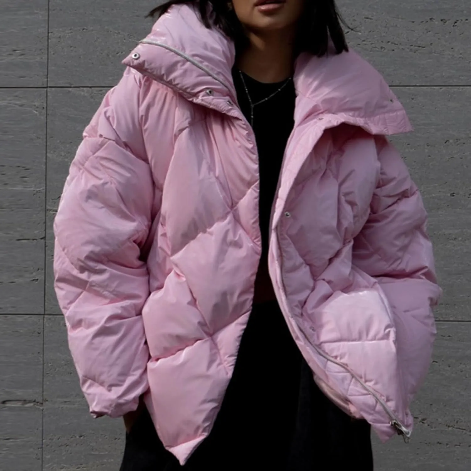 Borniu Women's 2024 Winter Long Sleeve Zip Puffer Jacket Pockets Baggy Short Down Coats Warm Quilted Jackets Outerwear