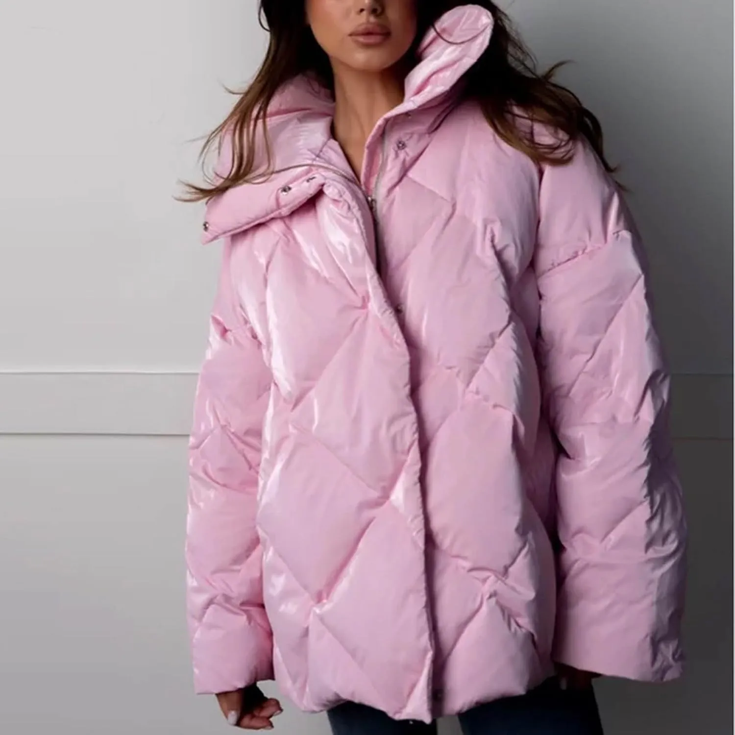 Borniu Women's 2024 Winter Long Sleeve Zip Puffer Jacket Pockets Baggy Short Down Coats Warm Quilted Jackets Outerwear
