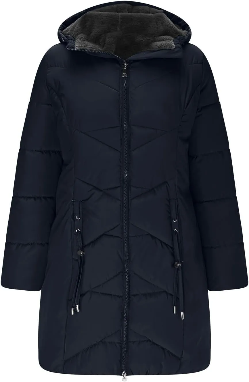 Borniu Women's Hooded Warm Winter Coat Quilted Thicken Puffer Jacket Fleece Lined Down Jacket Outerwear with Pockets