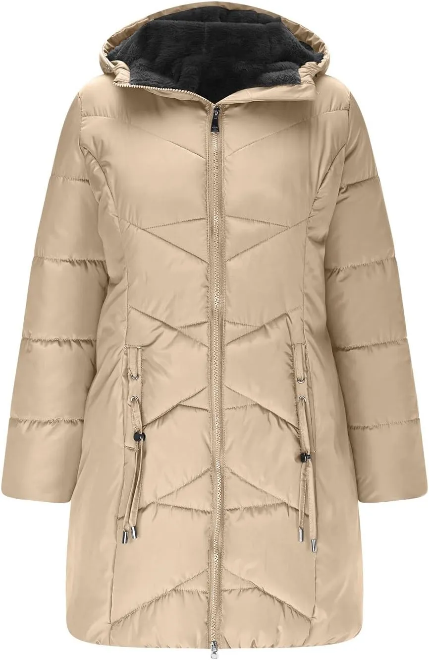 Borniu Women's Hooded Warm Winter Coat Quilted Thicken Puffer Jacket Fleece Lined Down Jacket Outerwear with Pockets
