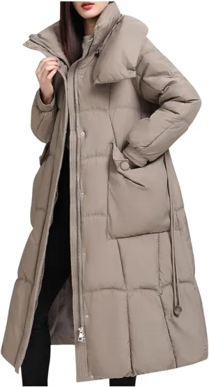 Borniu Women's Long Down Coat Hooded Maxi Down Parka Puffer Jacket Quilted Warm Winter Coats Thickened Outerwear