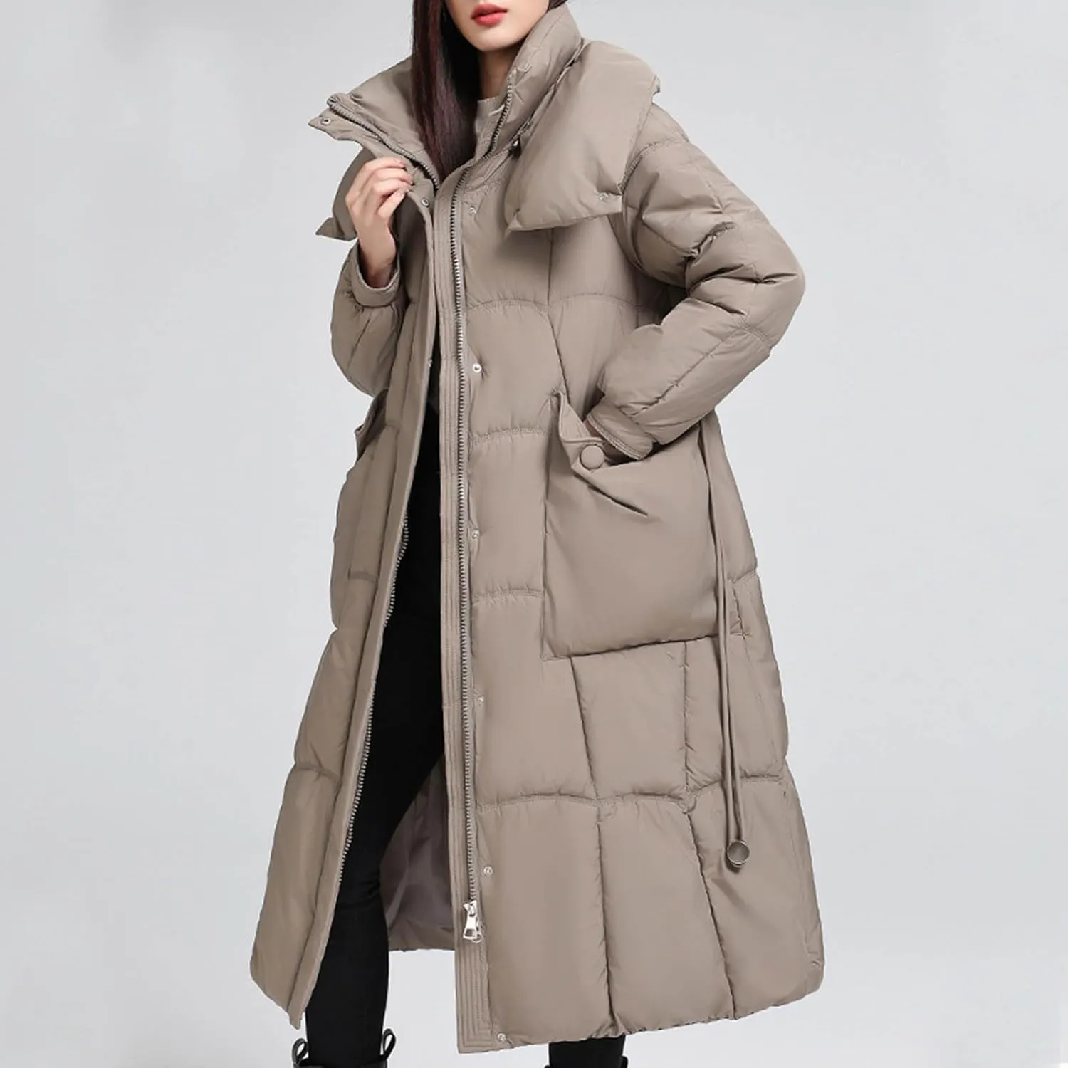 Borniu Women's Long Down Coat Hooded Maxi Down Parka Puffer Jacket Quilted Warm Winter Coats Thickened Outerwear