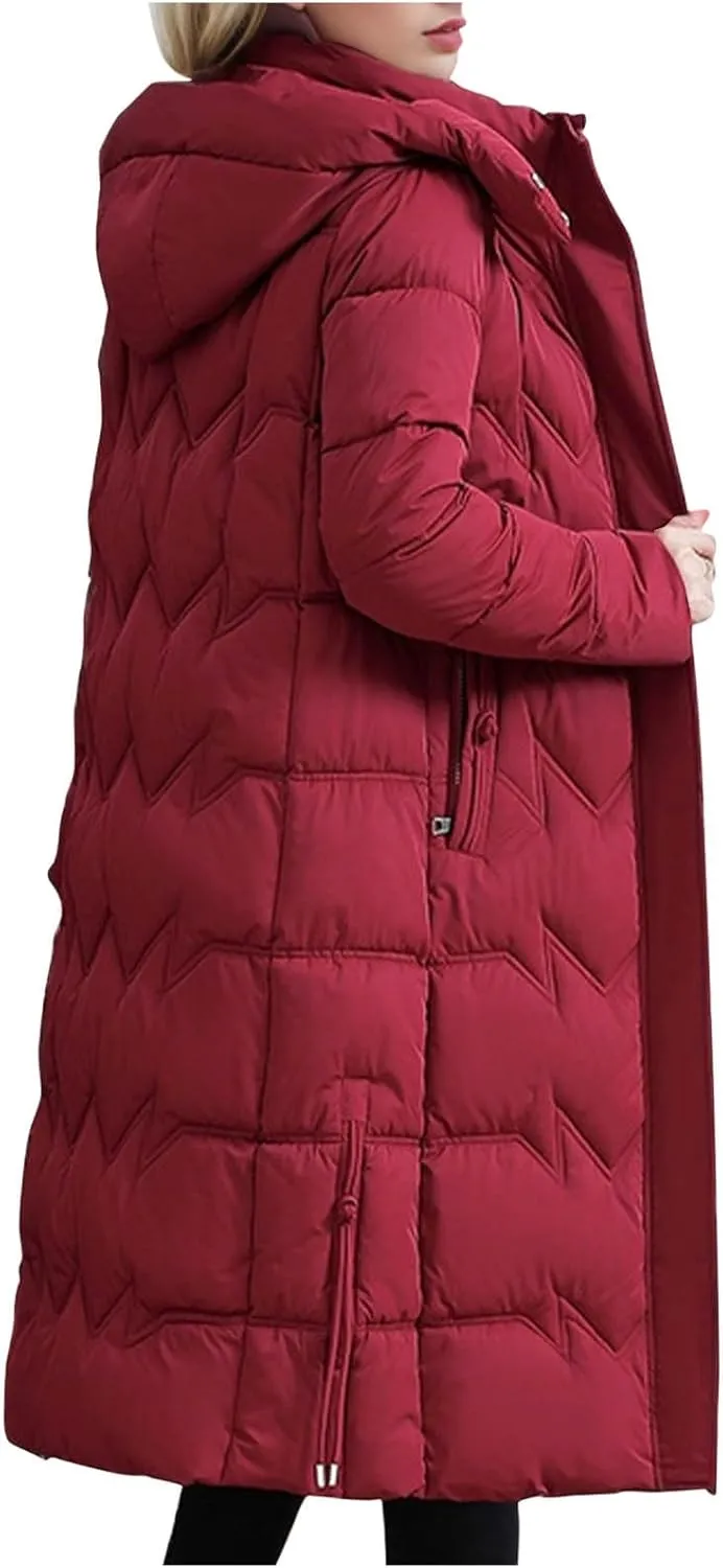 Borniu Women's Winter Down Jacket Long Quilted Puffer Coat Warm Hooded Slim Fit Outerwear Outdoor Thickened Puffer Jacket