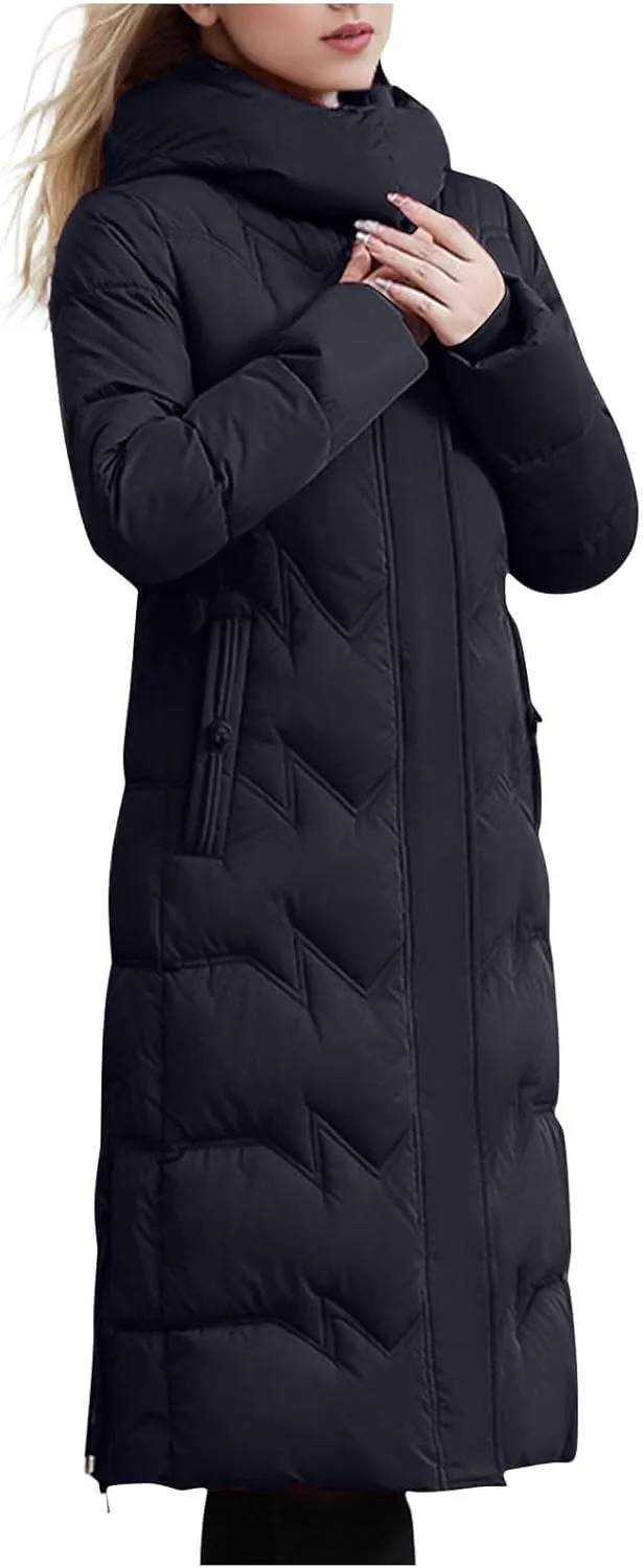 Borniu Women's Winter Down Jacket Long Quilted Puffer Coat Warm Hooded Slim Fit Outerwear Outdoor Thickened Puffer Jacket