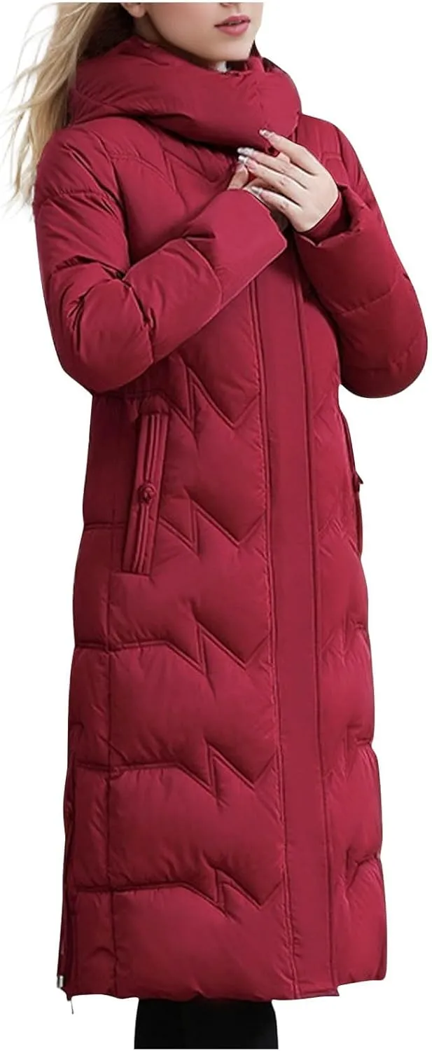 Borniu Women's Winter Down Jacket Long Quilted Puffer Coat Warm Hooded Slim Fit Outerwear Outdoor Thickened Puffer Jacket