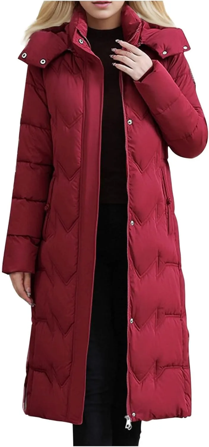 Borniu Women's Winter Down Jacket Long Quilted Puffer Coat Warm Hooded Slim Fit Outerwear Outdoor Thickened Puffer Jacket