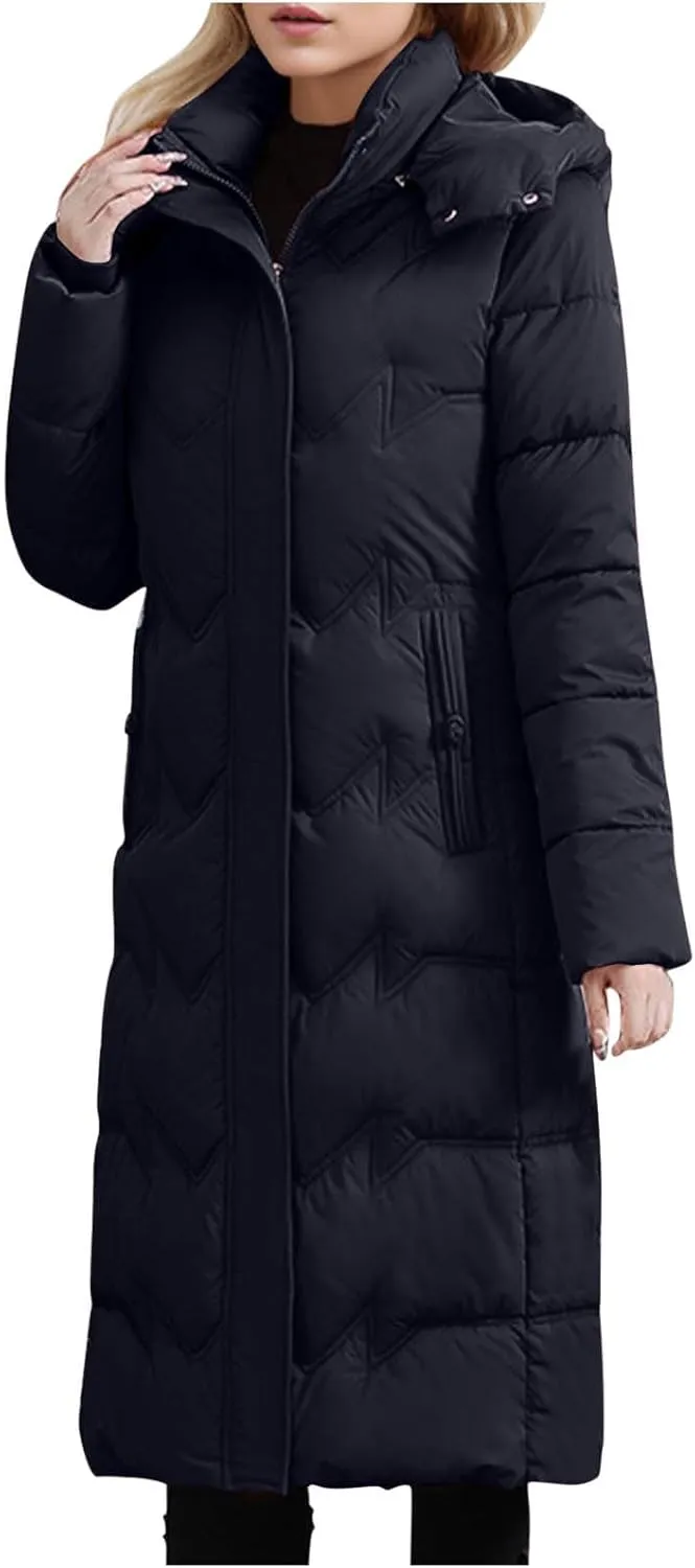 Borniu Women's Winter Down Jacket Long Quilted Puffer Coat Warm Hooded Slim Fit Outerwear Outdoor Thickened Puffer Jacket