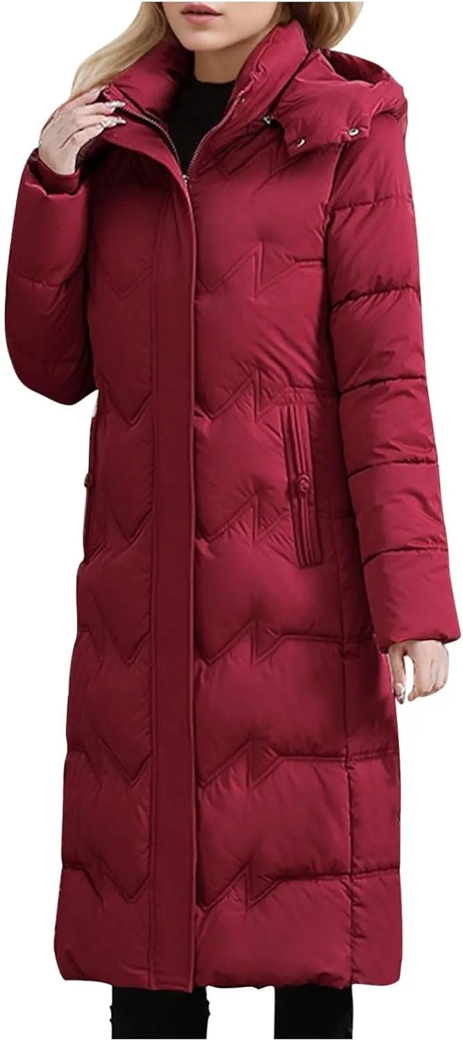 Borniu Women's Winter Down Jacket Long Quilted Puffer Coat Warm Hooded Slim Fit Outerwear Outdoor Thickened Puffer Jacket