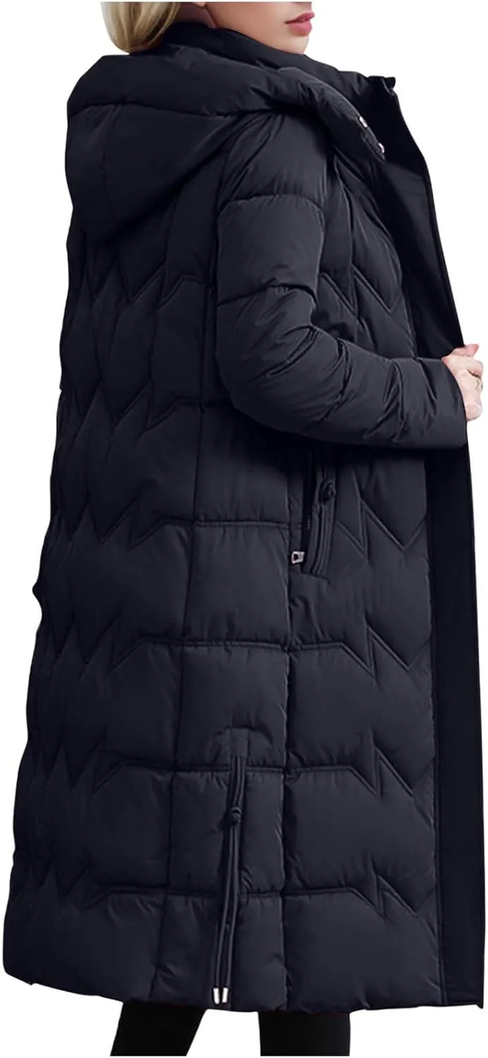 Borniu Women's Winter Down Jacket Long Quilted Puffer Coat Warm Hooded Slim Fit Outerwear Outdoor Thickened Puffer Jacket