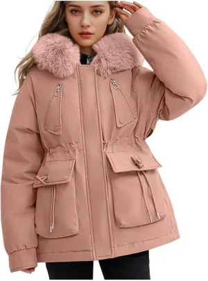 Borniu Women's Winter Puffer Coat Thicken Fleece Lined Down Jacket Faux Fur Detachable Hooded Parka Jacket Outerwear