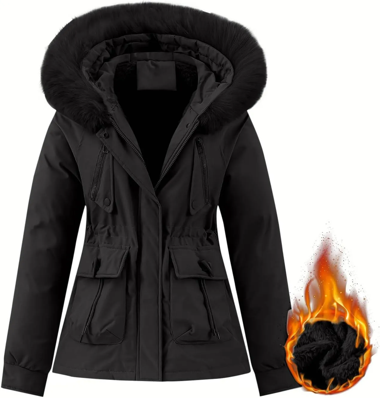 Borniu Women's Winter Puffer Coat Thicken Fleece Lined Down Jacket Faux Fur Detachable Hooded Parka Jacket Outerwear