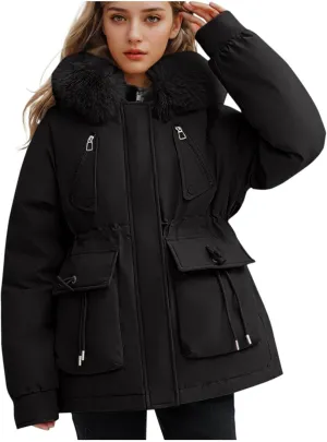 Borniu Women's Winter Puffer Coat Thicken Fleece Lined Down Jacket Faux Fur Detachable Hooded Parka Jacket Outerwear