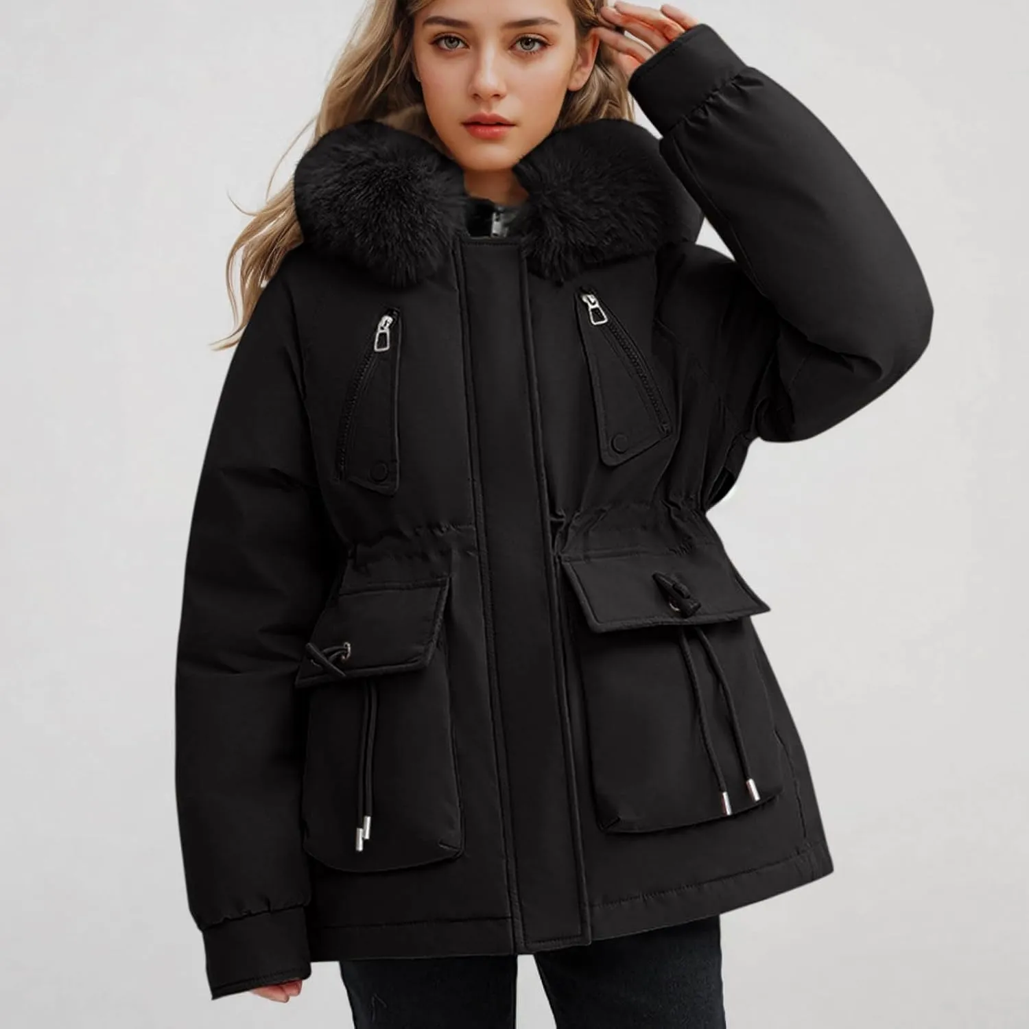 Borniu Women's Winter Puffer Coat Thicken Fleece Lined Down Jacket Faux Fur Detachable Hooded Parka Jacket Outerwear