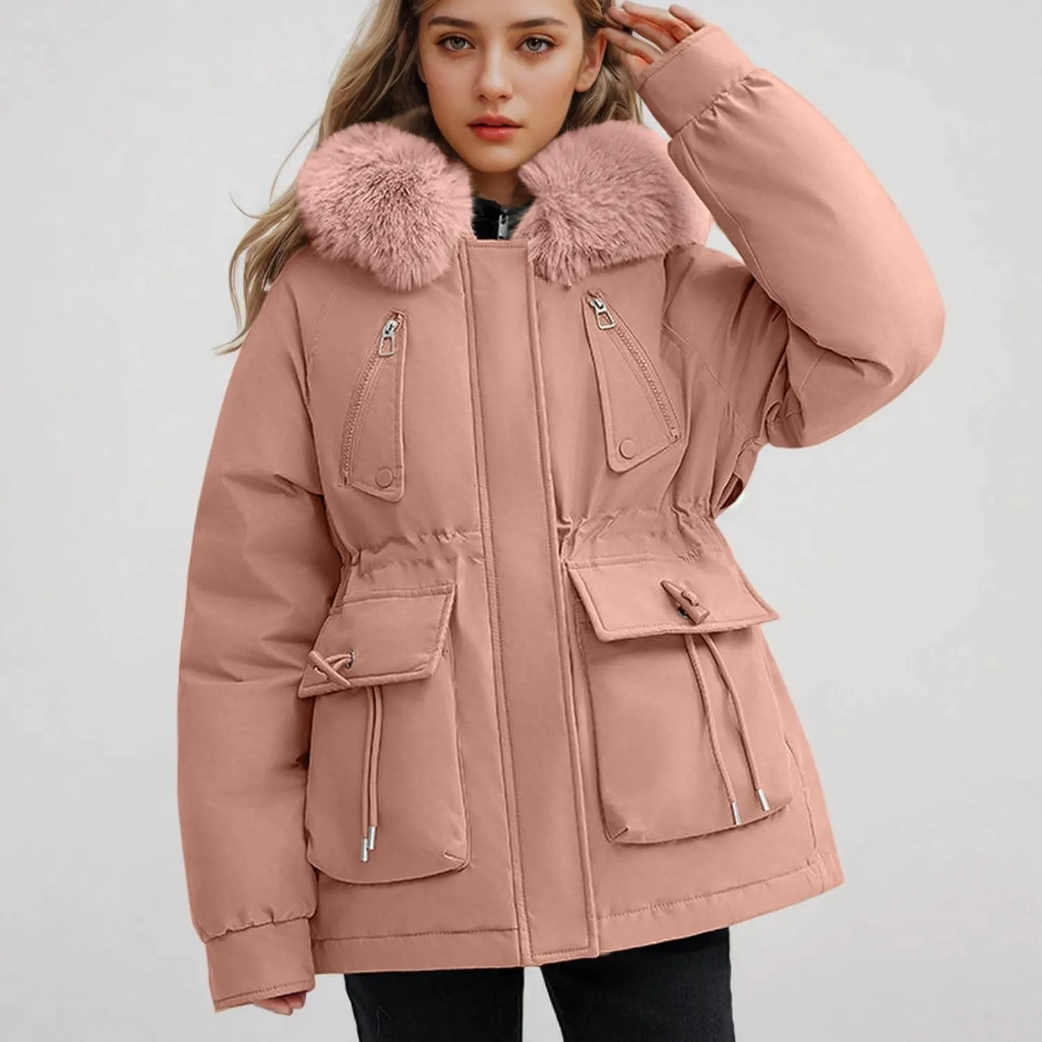 Borniu Women's Winter Puffer Coat Thicken Fleece Lined Down Jacket Faux Fur Detachable Hooded Parka Jacket Outerwear
